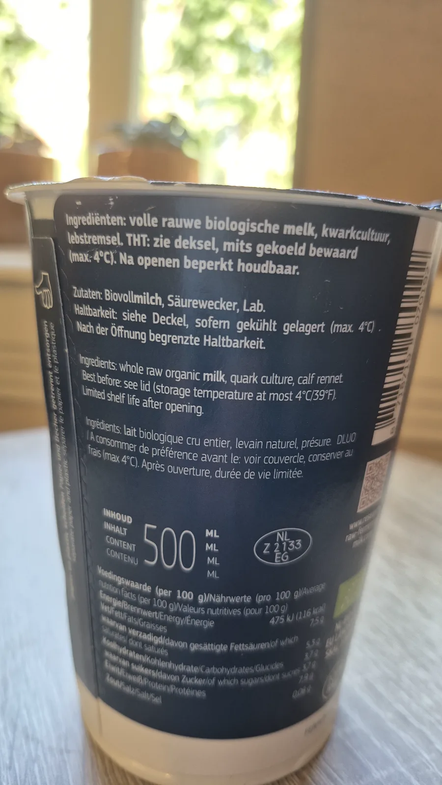 Ingrediënten van biologische volle kwark